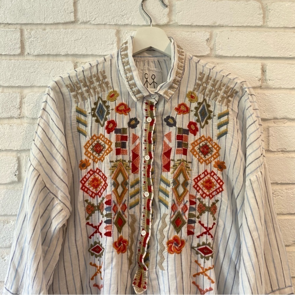 Johnny Was Clapton Stripe Blouse Embroidered Linen Cotton Blend White Medium - Picture 3 of 10
